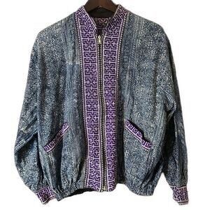 Blue Purple Batik Pattern Cross Stitch Embroidered Zip Jacket Pockets Size XL